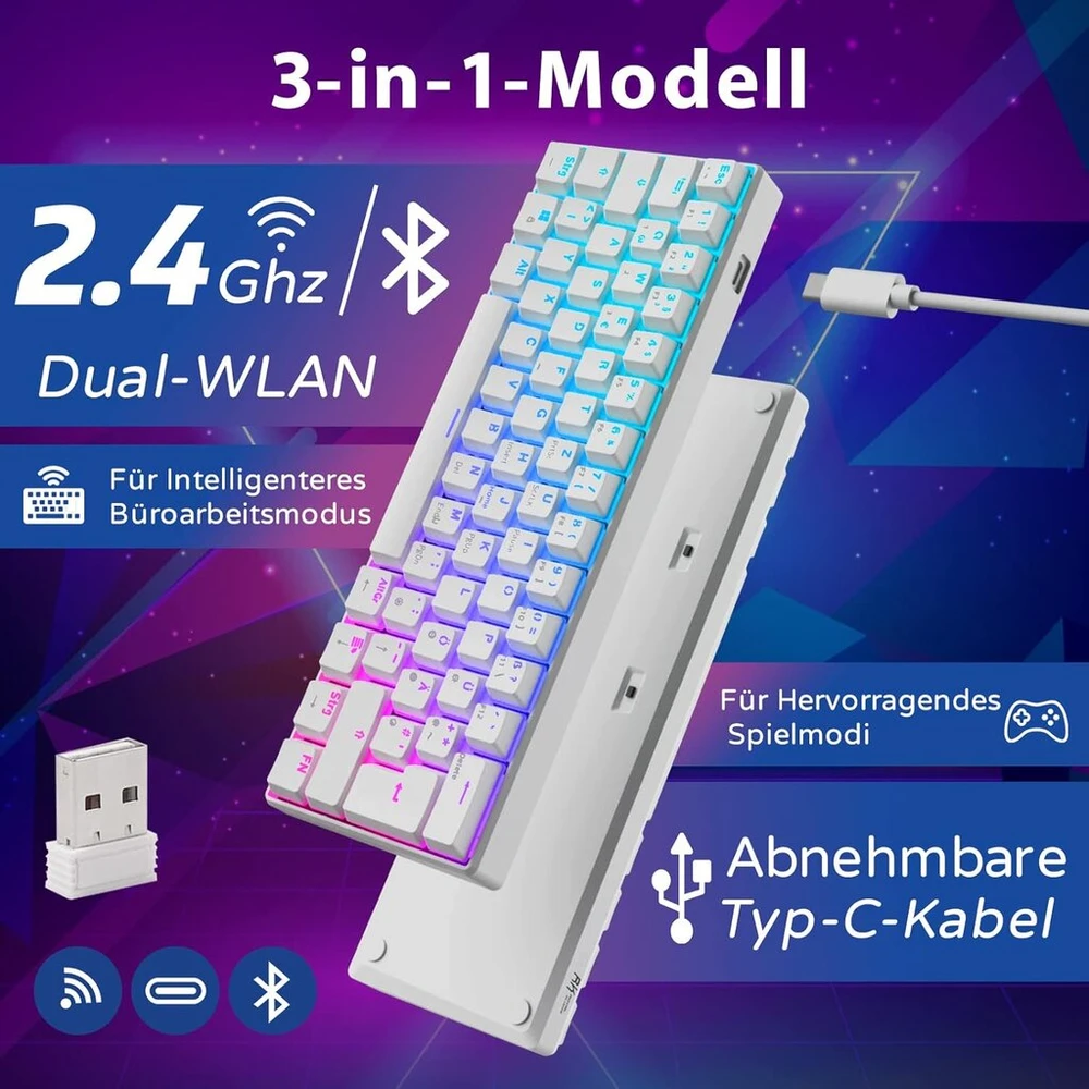 Royal Kludge Rk61 60% Mechaninė Rgb Belaidė Žaidimų Klaviatūra, Balta