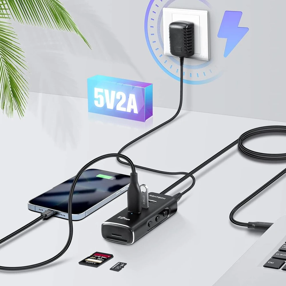 Rshtech aliumininis 5-in-1 usb 3.2 gen2 aktyvusis šakotuvas su maitinimo šaltiniu, sd/tf kortelių skaitytuvas, 3 x 10 gbps duomenų prievadai, 10 w 5 v/2 a maitinimo šaltinis ir 60 cm kabelis (c tipo į a tipą)