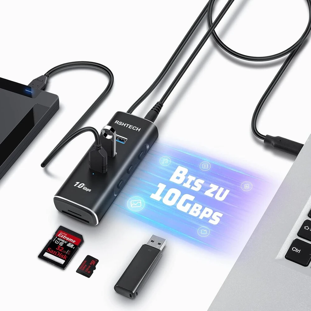 Rshtech aliumininis 5-in-1 usb 3.2 gen2 aktyvusis šakotuvas su maitinimo šaltiniu, sd/tf kortelių skaitytuvas, 3 x 10 gbps duomenų prievadai, 10 w 5 v/2 a maitinimo šaltinis ir 60 cm kabelis (c tipo į a tipą)