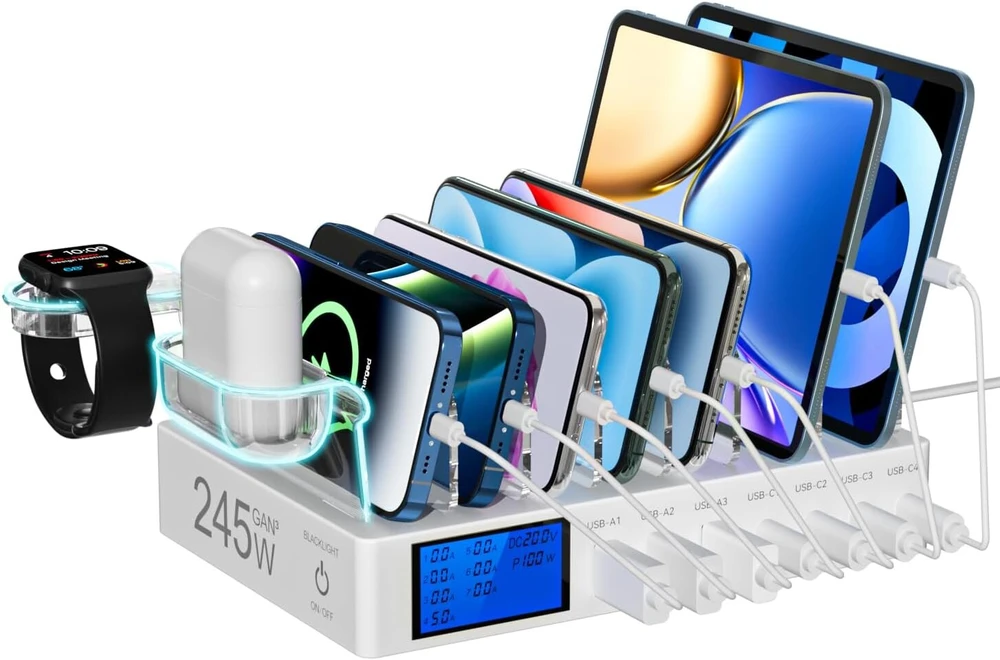 Rsydmny įkrovimo stotelė keliems įrenginiams, 245 W 7 prievadų mobiliojo telefono įkrovimo stotelė su lcd ekranu, 100 w pd usb c greitas įkroviklis, skirtas ipad, iphone, android, planšetiniams kompiuteriams ir kitiems elektroniniams prietaisams