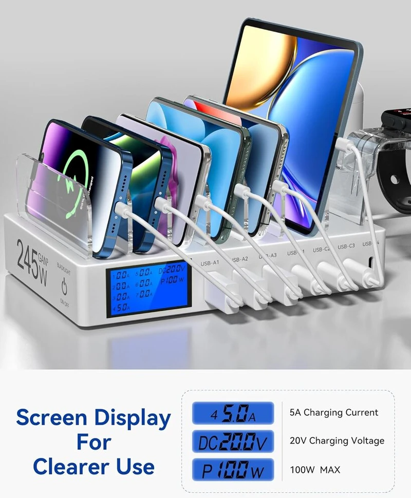 Rsydmny įkrovimo stotelė keliems įrenginiams, 245 W 7 prievadų mobiliojo telefono įkrovimo stotelė su lcd ekranu, 100 w pd usb c greitas įkroviklis, skirtas ipad, iphone, android, planšetiniams kompiuteriams ir kitiems elektroniniams prietaisams