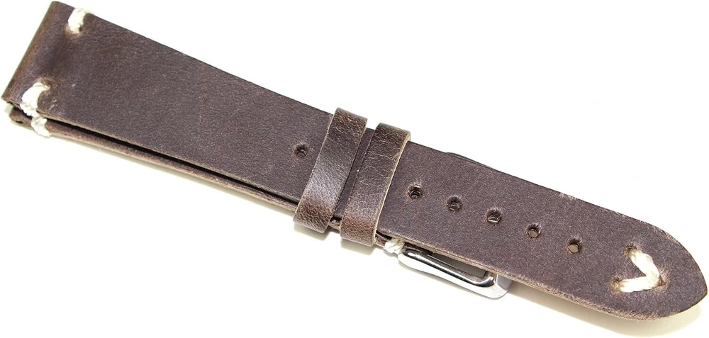 Ruda natūralios odos laikrodžio apyrankė, 22 mm, su balta siūle