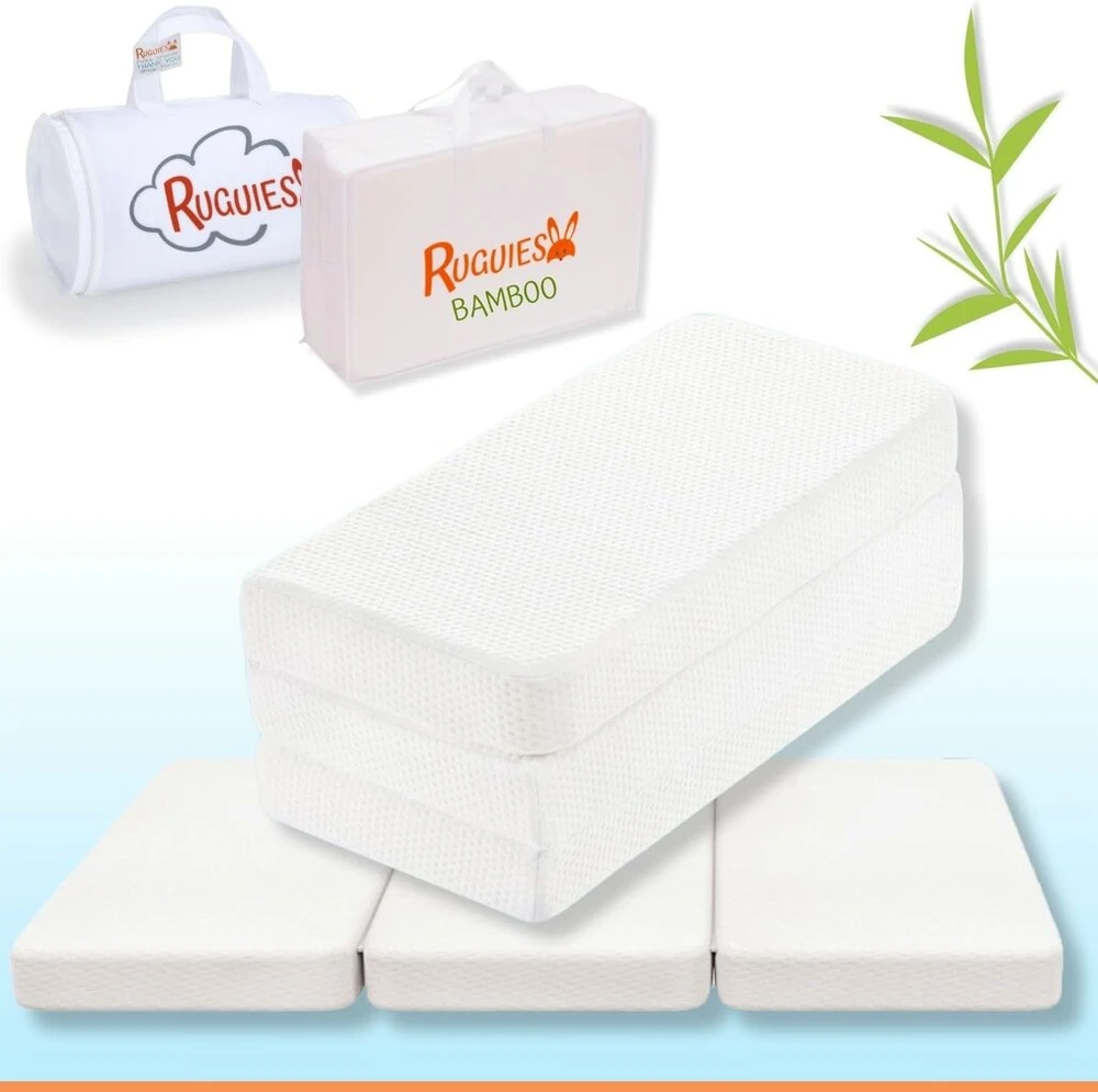 Ruguies Max bambukinis kelioninis lovelės čiužinys 120 x 60 cm kūdikiams, sulankstomas ir nešiojamas, nuimamas vandeniui atsparus užvalkalas iš bambuko medvilnės, kūdikių grindų kilimėlis su neslystančiu pagrindu, hipoalerginis Oeko-tex