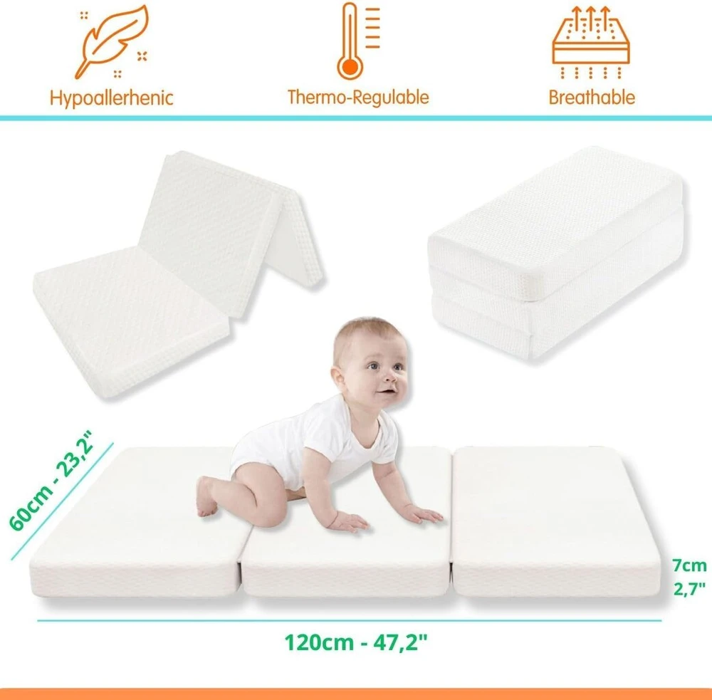 Ruguies Max bambukinis kelioninis lovelės čiužinys 120 x 60 cm kūdikiams, sulankstomas ir nešiojamas, nuimamas vandeniui atsparus užvalkalas iš bambuko medvilnės, kūdikių grindų kilimėlis su neslystančiu pagrindu, hipoalerginis Oeko-tex