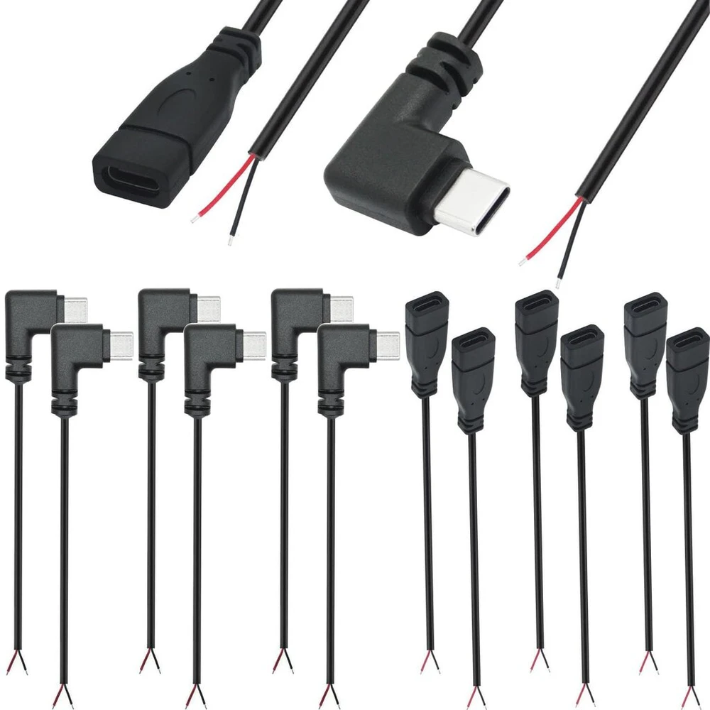 Runcci-yun 12 vnt. Usb C pigtail kabelis 5 V / 2 A 90 laipsnių Usb C maitinimo tuščias kabelis Pigtail 22 Awg Usb C kištuko lizdas 2 kontaktų litavimo „pasidaryk pats“ pigtail kabelis, skirtas Usb įrenginių taisymui „pasidaryk pats“ kabelis (30 cm)