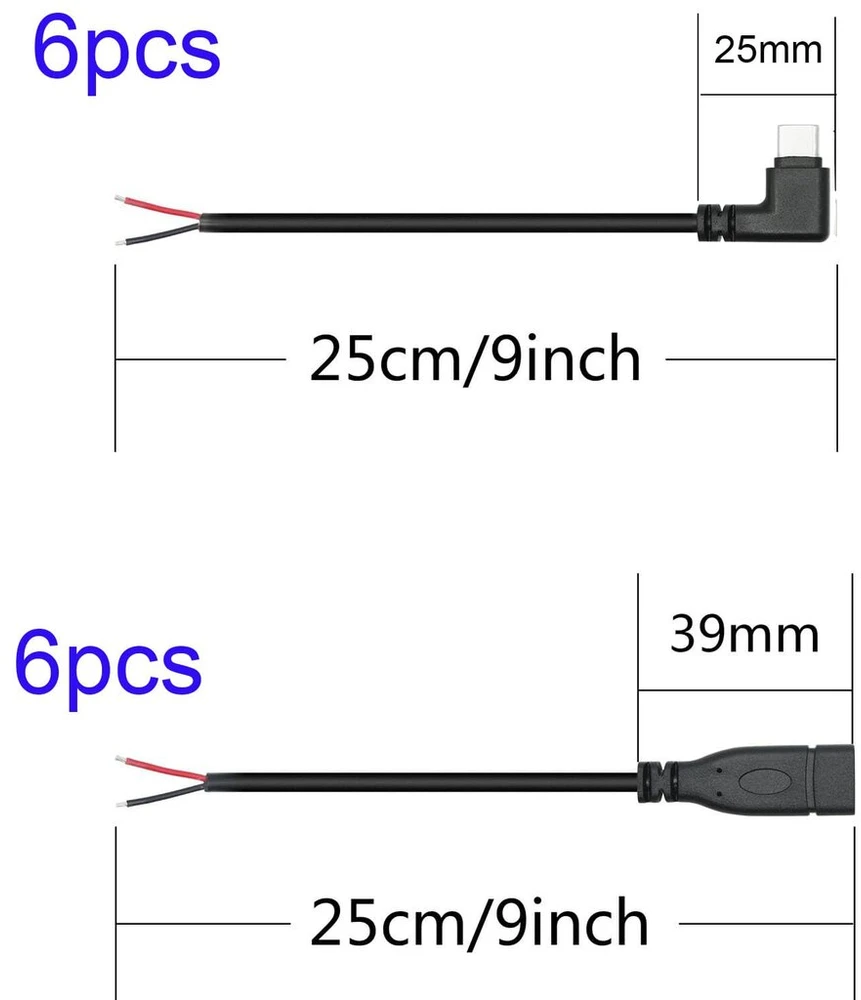 Runcci-yun 12 vnt. Usb C pigtail kabelis 5 V / 2 A 90 laipsnių Usb C maitinimo tuščias kabelis Pigtail 22 Awg Usb C kištuko lizdas 2 kontaktų litavimo „pasidaryk pats“ pigtail kabelis, skirtas Usb įrenginių taisymui „pasidaryk pats“ kabelis (30 cm)