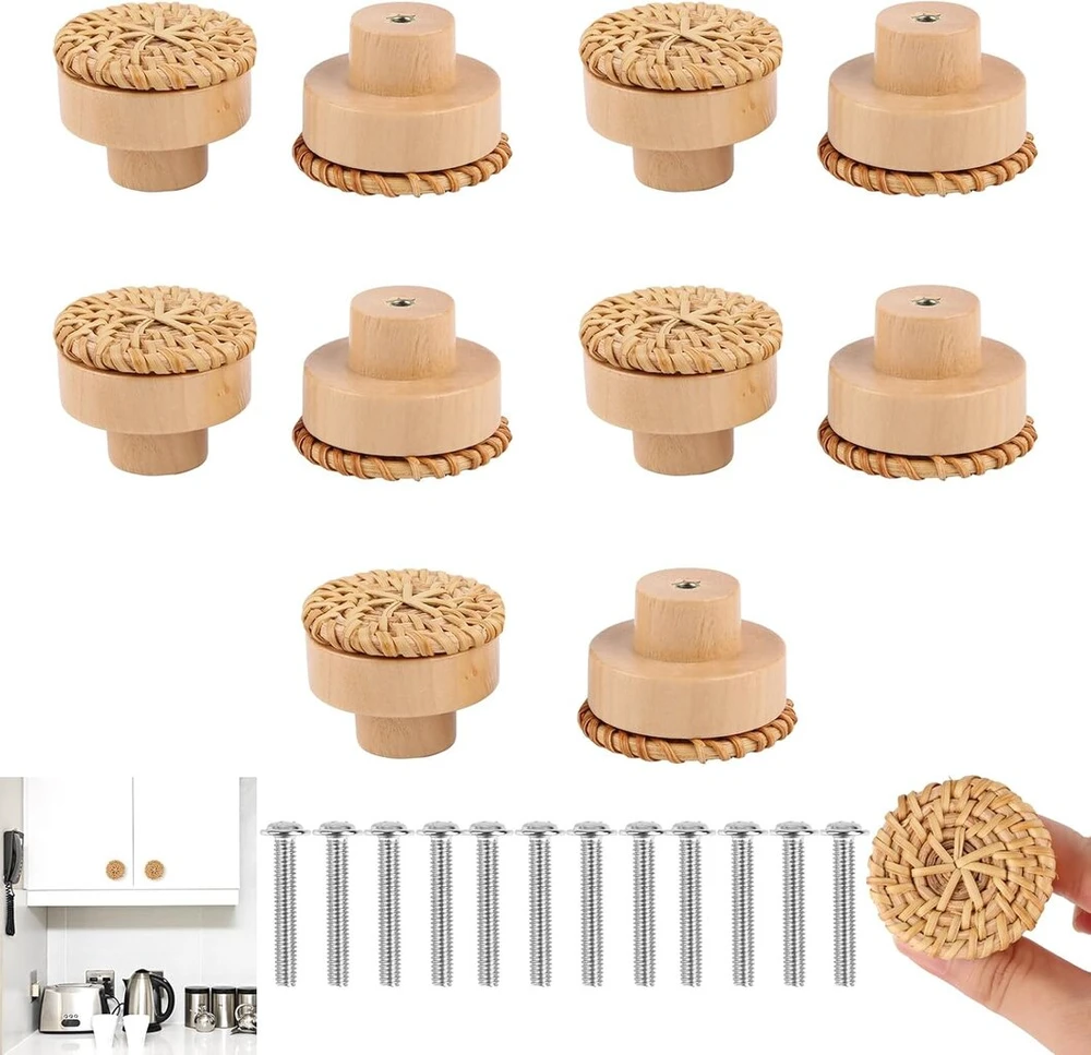 Runeay Rotango baldų rankenėlės, 40 mm, rotango spintelių rankenėlės su varžtais, baldų rankenėlės, medinės, boho dekoratyvinės komodos, baldų rankenėlės spintelėms, stalčiams, svetainei, virtuvei