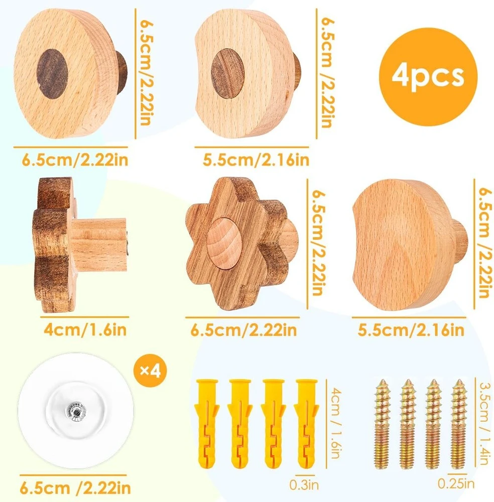 Runeay vaikiškos lipnios pakabos, 4 vnt., sieninės pakabos, medinės pakabos, lipnios pakabos, vaikiškos pakabos, nereikia gręžti, drabužių pakabos, vaikų kambarys, pakabos su siurbtukais paltams