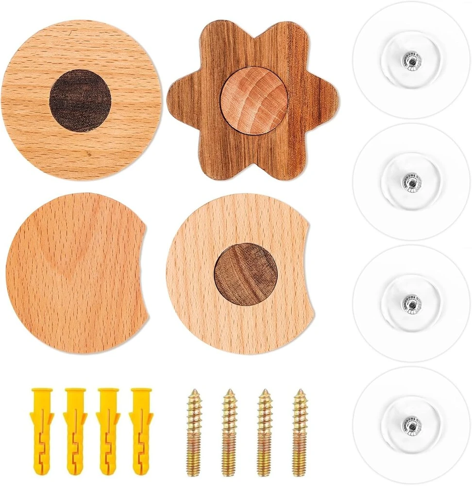 Runeay vaikiškos lipnios pakabos, 4 vnt., sieninės pakabos, medinės pakabos, lipnios pakabos, vaikiškos pakabos, nereikia gręžti, drabužių pakabos, vaikų kambarys, pakabos su siurbtukais paltams