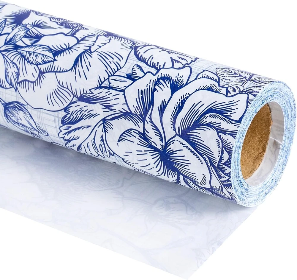 Ruspepa baltas kraft popieriaus ritinys – mini ritinys – mėlynų gėlių dizainas, idealus gimtadieniui, vakarėliui ir kūdikio sutikimui – 43,2 cm x 10 m