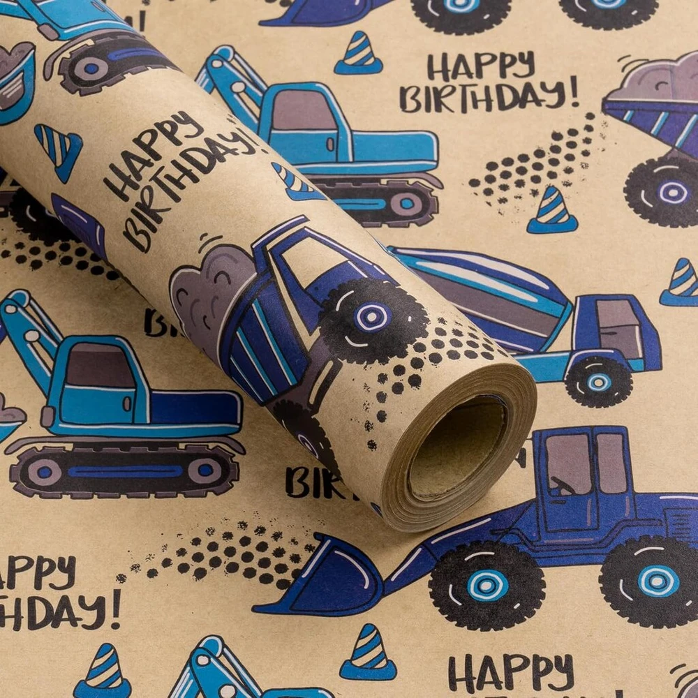 Ruspepa kraft popierius dovanoms ritinyje - mini ritinys - mėlynas sunkvežimis ir užrašas "happy birthday", idealiai tinka gimtadienio vakarėliui, kūdikio sutiktuvių šventei - 43.2cm x 10m