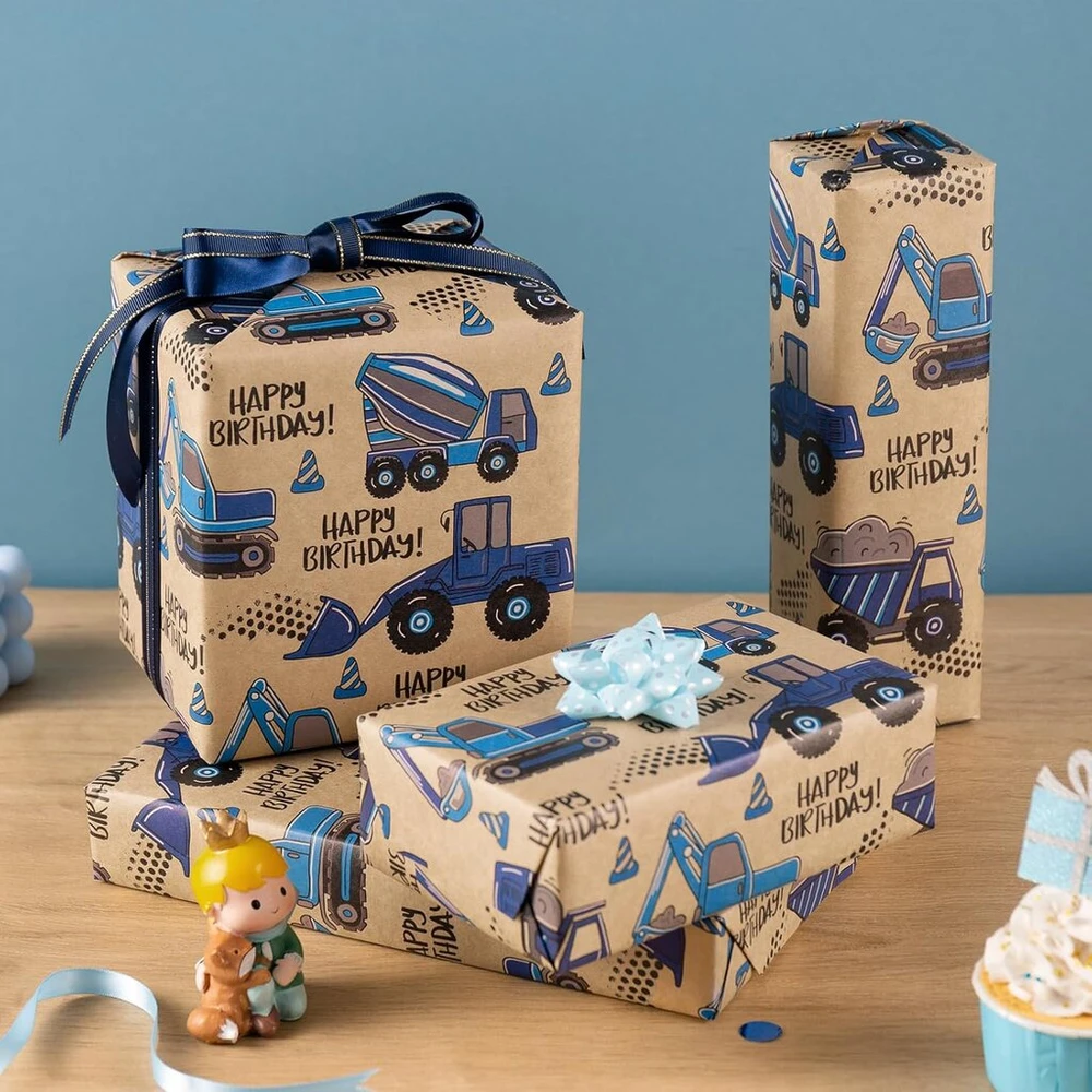 Ruspepa kraft popierius dovanoms ritinyje - mini ritinys - mėlynas sunkvežimis ir užrašas "happy birthday", idealiai tinka gimtadienio vakarėliui, kūdikio sutiktuvių šventei - 43.2cm x 10m