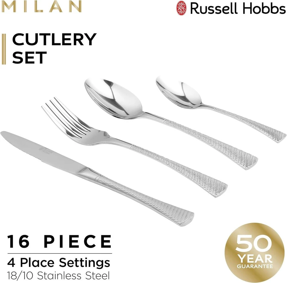 Russell Hobbs Milan Rh02229eu7 stalo įrankių rinkinys 4 asmenims, 16 dalių stalo įrankių rinkinys su peiliu, šakute, desertiniu šaukštu, arbatiniu šaukšteliu, veidrodinio poliravimo, galima plauti indaplovėje, 18/10 nerūdijančio plieno stalo įrankiai