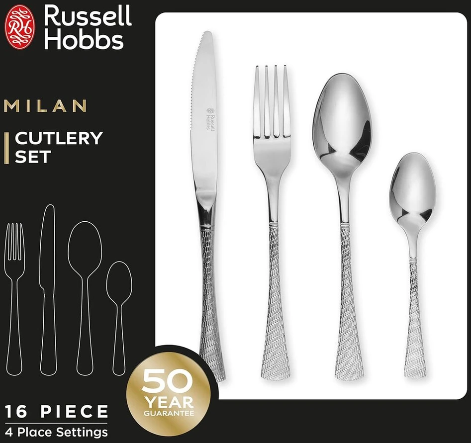 Russell Hobbs Milan Rh02229eu7 stalo įrankių rinkinys 4 asmenims, 16 dalių stalo įrankių rinkinys su peiliu, šakute, desertiniu šaukštu, arbatiniu šaukšteliu, veidrodinio poliravimo, galima plauti indaplovėje, 18/10 nerūdijančio plieno stalo įrankiai