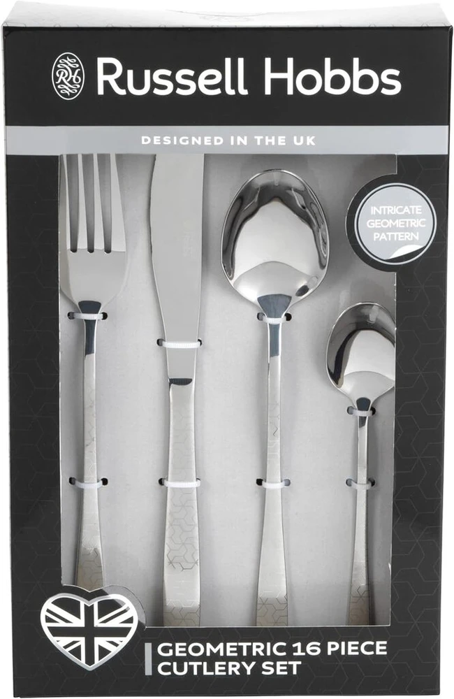 Russell Hobbs Rh01519eu geometrinis 16 dalių stalo įrankių rinkinys, nerūdijančio plieno stalo įrankiai su geometrine rankena, stalo įrankių rinkinys 4 asmenims, įskaitant 4 peilius, 4 šakutes, 4 valgomuosius šaukštus, 4 arbatinius šaukštelius