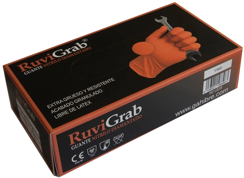 Ruvigrab - oranžinės diamond nitrilo vienkartinės darbo pirštinės | didelio stiprumo | pirštinės mechanikams, dirbtuvėms, pramonei, statyboms ir chemijai | be latekso | dydis: xl