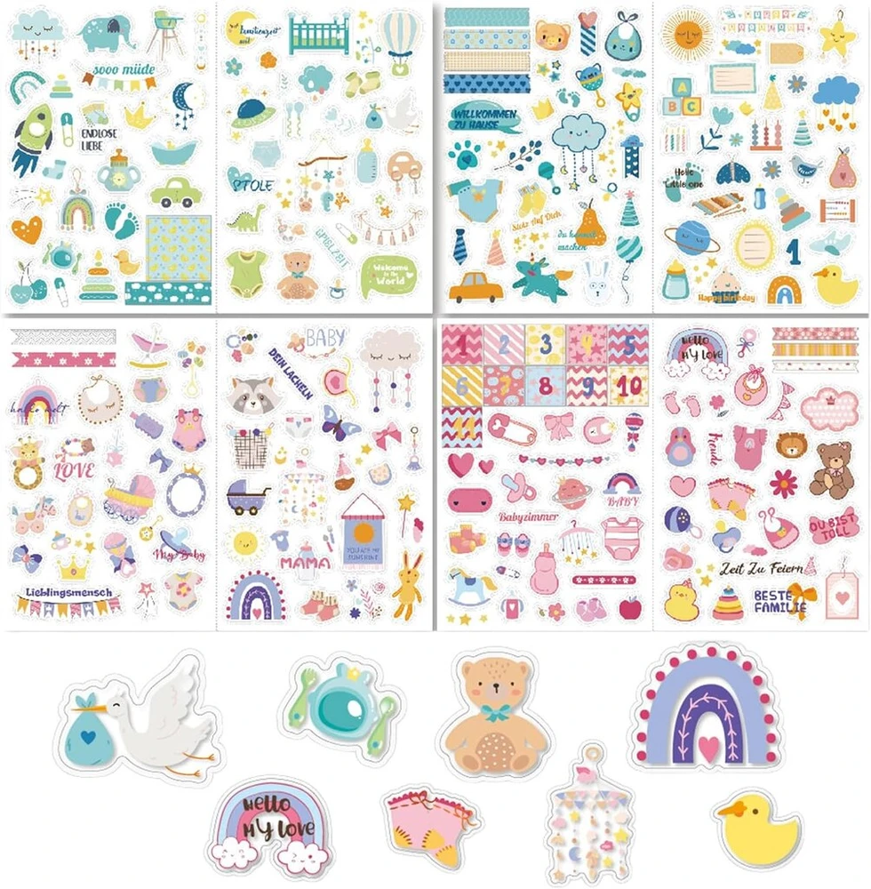 Ruzister 4 lapai po 215 lipdukų kūdikių albumui, lipdukai vaikams ir kūdikių nuotraukų albumams, 8 lapai din a4 „pasidaryk pats“ scrapbooking lipdukai dizainui, kūdikių iškarpų albumo lipdukai