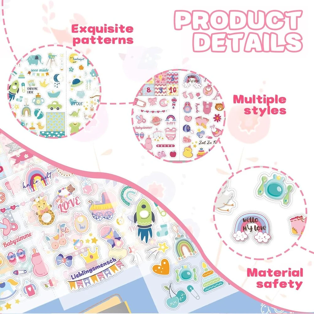 Ruzister 4 lapai po 215 lipdukų kūdikių albumui, lipdukai vaikams ir kūdikių nuotraukų albumams, 8 lapai din a4 „pasidaryk pats“ scrapbooking lipdukai dizainui, kūdikių iškarpų albumo lipdukai