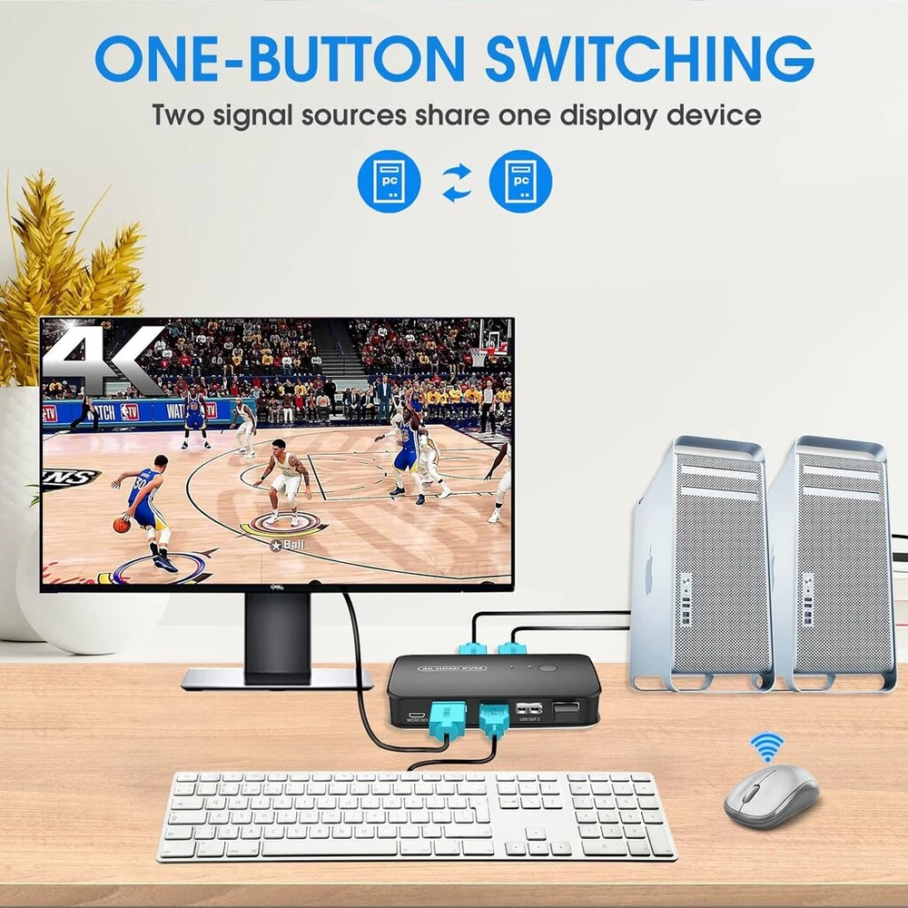 Automagnetola Rybozen 4k Kvm jungiklis Hdmi 2 kompiuteriams, 4k @ 30hz, 3 Usb 2.0, Usb Kvm jungiklis bendrinamas monitorius pelė klaviatūra spausdintuvas skaitytuvas Usb įrenginiai su Hdmi Kvm kabeliu, mėlynas