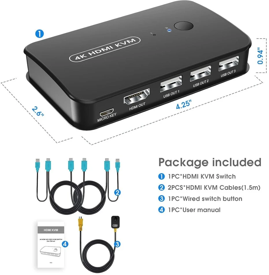 Automagnetola Rybozen 4k Kvm jungiklis Hdmi 2 kompiuteriams, 4k @ 30hz, 3 Usb 2.0, Usb Kvm jungiklis bendrinamas monitorius pelė klaviatūra spausdintuvas skaitytuvas Usb įrenginiai su Hdmi Kvm kabeliu, mėlynas