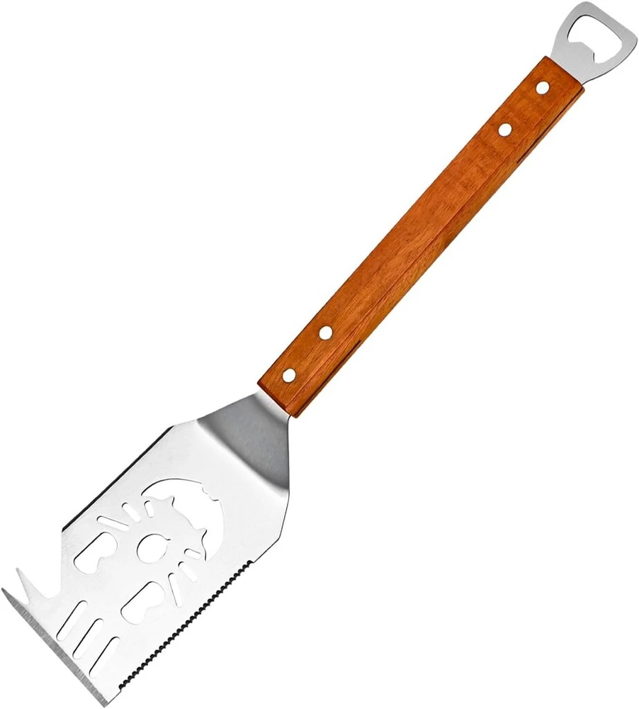 Rzspher 7-in-1 grilio mentelė, grilio įrankiai su medine rankena, 41,5 cm nerūdijančio plieno grilio mentelė, grilio priedai, daugiafunkciniai grilio įrankiai, grilio dovanos vyrams, peilis šakutė