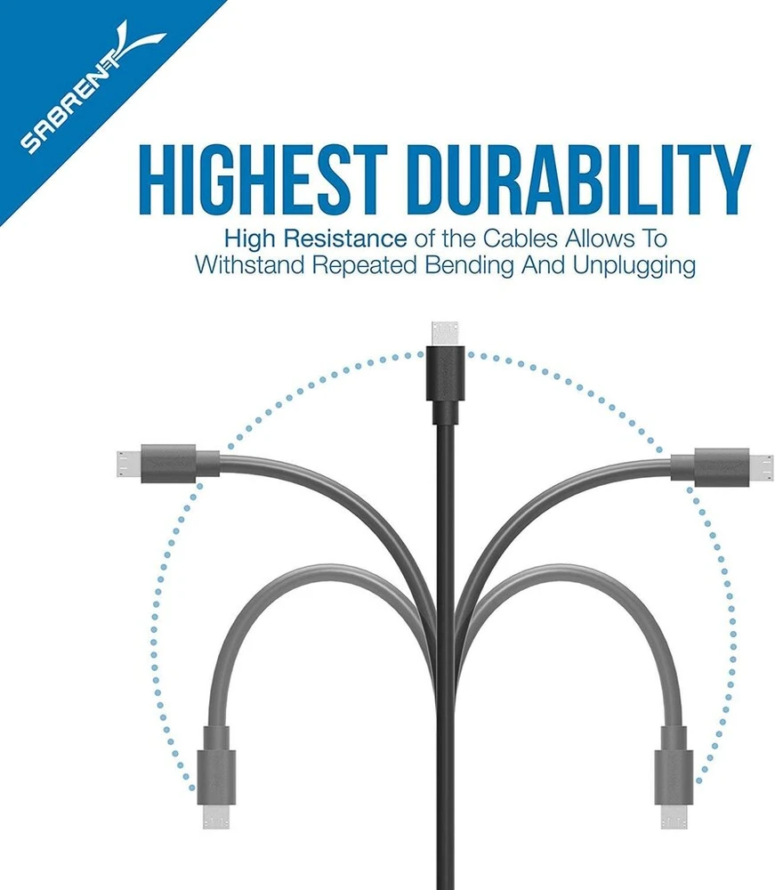 Sabrent 6 vnt. 30 cm Micro Usb kabeliai, greitas įkrovimas ir duomenų sinchronizavimas