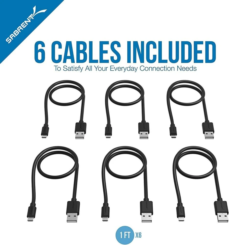 Sabrent 6 vnt. 30 cm Micro Usb kabeliai, greitas įkrovimas ir duomenų sinchronizavimas
