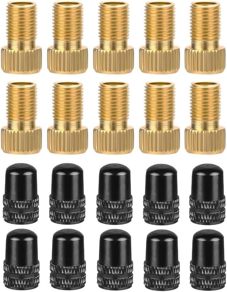 Saipor 10 žalvarinių adapterių presta ventiliams + 10 schrader ventilių dangtelių dviračiui, presta į schrader av automobilio ventilį, dviračio ventilių adapterių rinkinys, prancūziškas ventilių adapteris