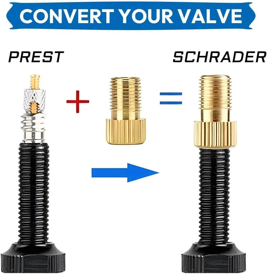 Saipor 10 žalvarinių adapterių presta ventiliams + 10 schrader ventilių dangtelių dviračiui, presta į schrader av automobilio ventilį, dviračio ventilių adapterių rinkinys, prancūziškas ventilių adapteris