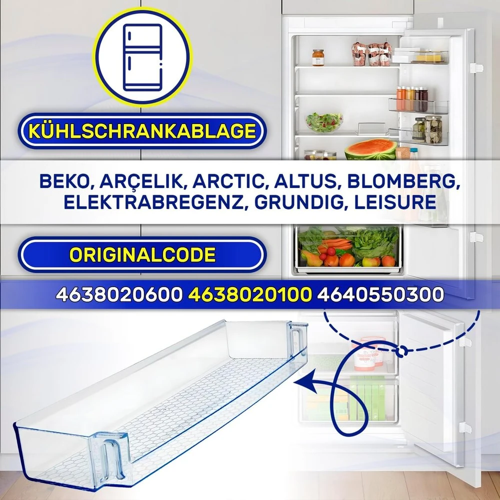 Šaldytuvo durelių lentyna 432 x 110 x 50 mm originalus kodas 4638020600 4638020100 4640550300, skirta Beko Monteral