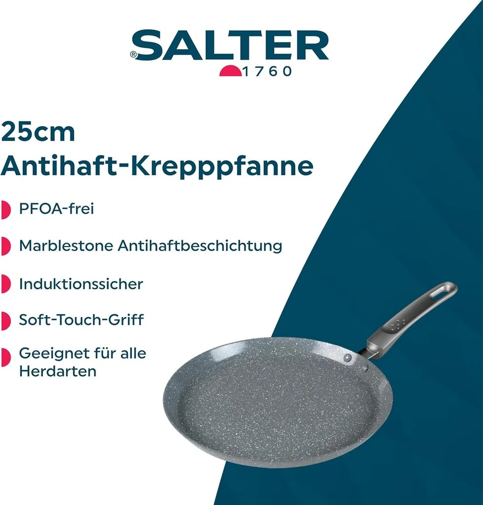 Salter bw13656geu7 25 cm keptuvė blynams - marblestone nelipni keptuvė, be pfoa, lengvai valoma, minkšta rankena, keptuvė blynams, kaltas aliuminis, tinkama indukcinėms viryklėms, omletams, čapati