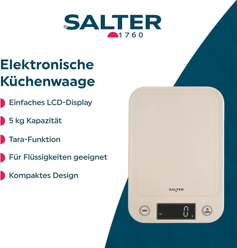 Salter Skaitmeninės Virtuvinės Svarstyklės - Elektroninės Svarstyklės Skysčiams ir Sausiems Produktams, Lengvai Įskaitomas Ekranas su Apšvietimu, 5kg Talpa, Baterijos Pridedamos