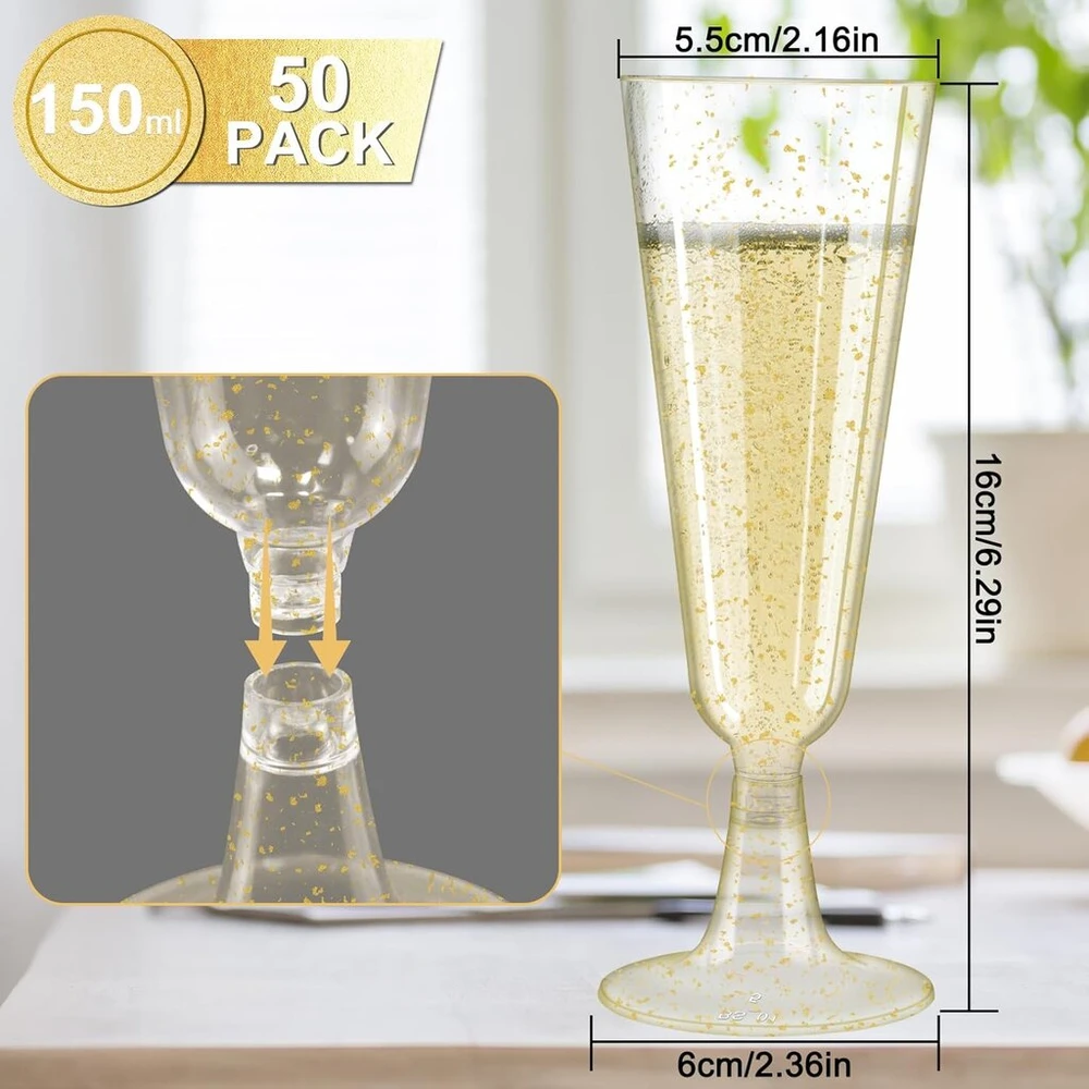 Šampano taurės, plastikinės, 50 vnt., 150 ml, plastikinės šampano taurės su aukso blizgučiais, daugkartinio naudojimo, aukštos kokybės šampano taurės, plastikinės kokteilių taurės, šampano puodeliai vestuvėms, gimtadieniams, vakarėliams, stovyklavimui