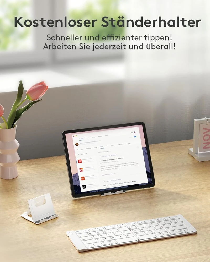 Samsers sulankstoma bluetooth klaviatūra - nešiojama belaidė klaviatūra su stovo laikikliu, itin plona, kišeninio dydžio, suderinama su išmaniaisiais telefonais, planšetiniais kompiuteriais, nešiojamaisiais kompiuteriais, Ios, Android, Windows, miela roži