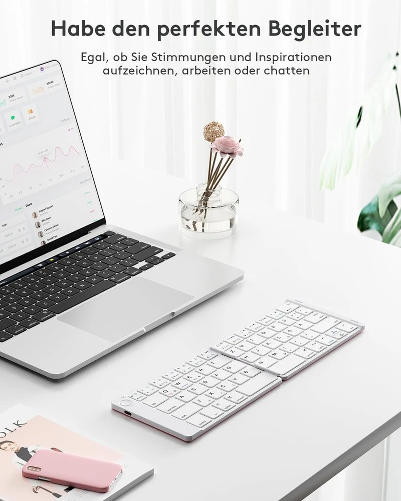 Samsers sulankstoma bluetooth klaviatūra - nešiojama belaidė klaviatūra su stovo laikikliu, itin plona, kišeninio dydžio, suderinama su išmaniaisiais telefonais, planšetiniais kompiuteriais, nešiojamaisiais kompiuteriais, Ios, Android, Windows, miela roži