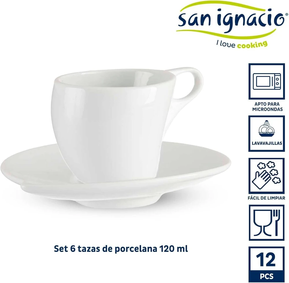 San Ignacio 6 baltų porcelianinių puodelių ir lėkštučių rinkinys, 120 cm, Vessia kolekcija