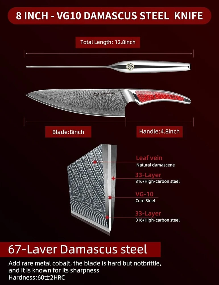 Sanmuzuo la-s9 serijos šefo peilis, virtuvinis peilis pagamintas iš japoniško vg-10 damasko plieno, itin aštrus šefo peilis su ergonomiška raudonos dervos rankena