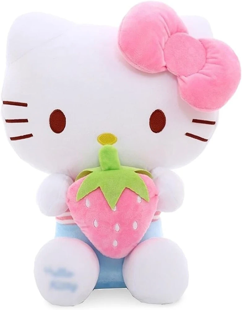Sanrio Co., Ltd. Pliušinis žaislas katė, minkšta žaislinė katė su braškėmis, 30 cm, minkštas kačiukas, pliušinis, balta lėlė, dovana vaikams