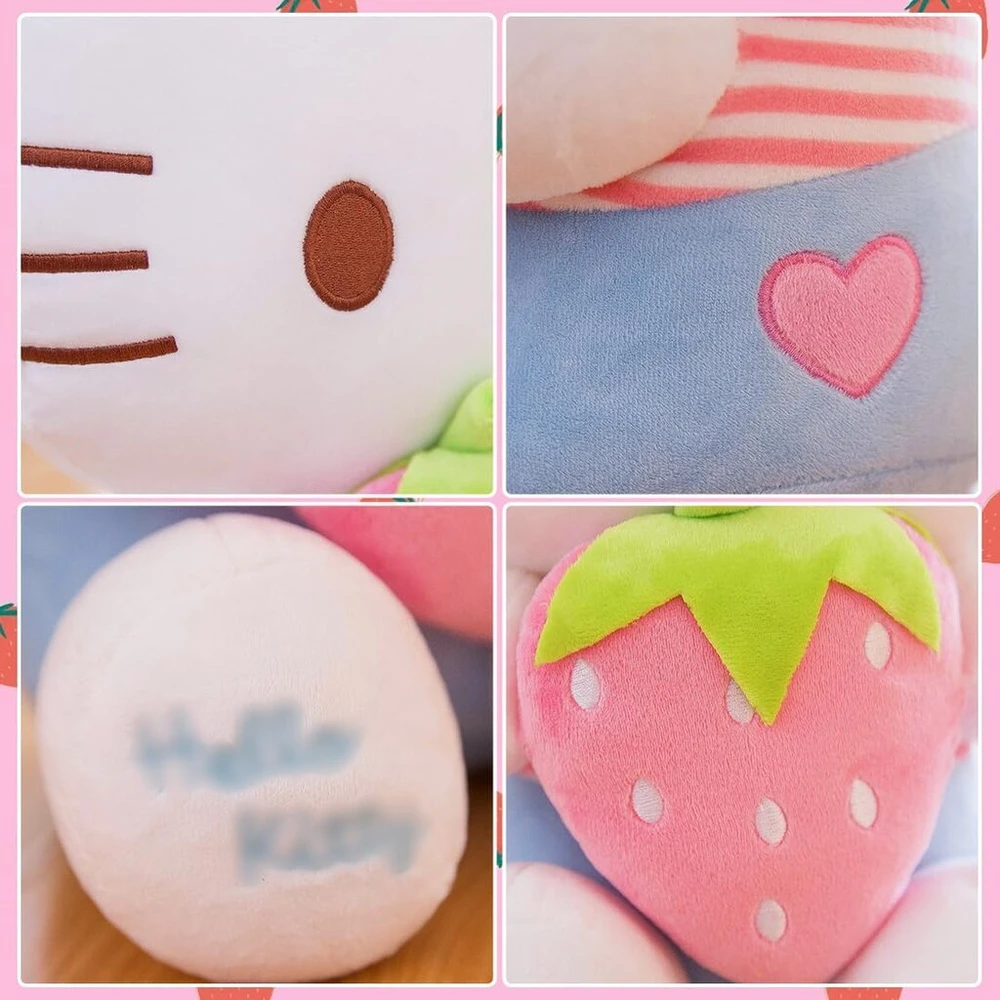 Sanrio Co., Ltd. Pliušinis žaislas katė, minkšta žaislinė katė su braškėmis, 30 cm, minkštas kačiukas, pliušinis, balta lėlė, dovana vaikams