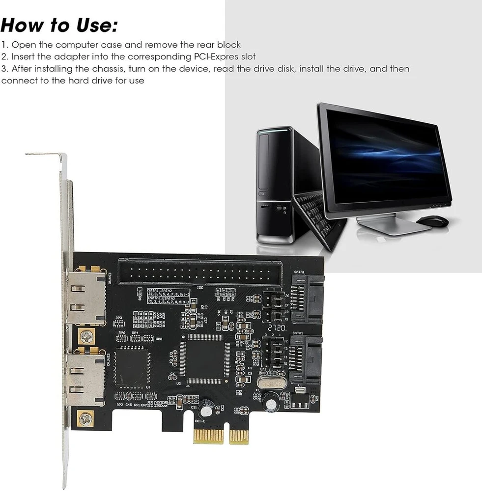 Sata Ide Pci Express 2 prievadų Pcie į Sata Esata Ide valdiklio adapterio plokštė, palaikanti Ata standžiuosius diskus, 3 Gb/s greitis
