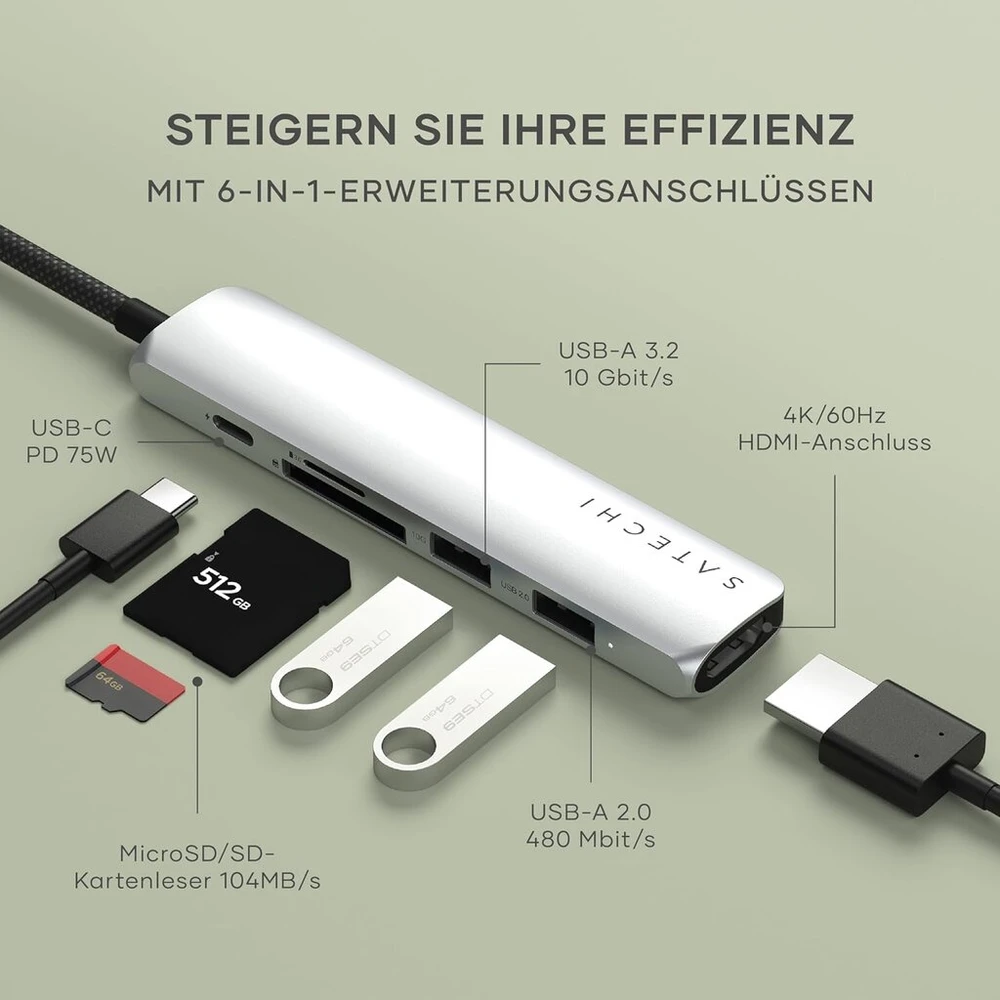 Satechi 6-in-1 Usb-c Hub Slim Plus su 4k Hdmi, 100w Pd, 2x Usb-a