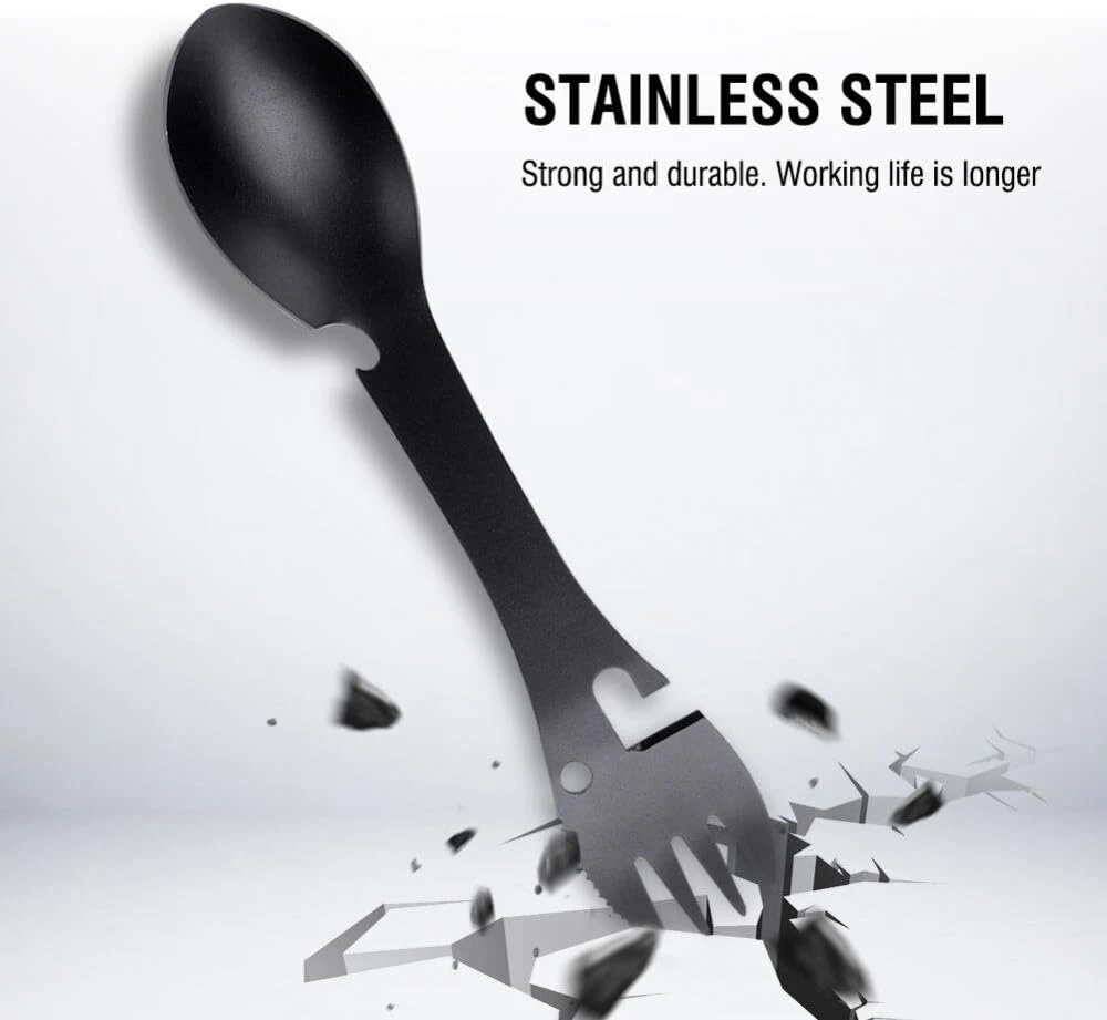 Šaukštas-šakutė Spork Outdoor, 5 viename, nešiojamas daugiafunkcinis šaukštas-šakutė, butelių atidarytuvas, pjūklo formos pjaustyklė, skirtas stovyklavimui, piknikui, nerūdijančio plieno stalo įrankiai, kelioninis daugiafunkcinis maisto įrankis
