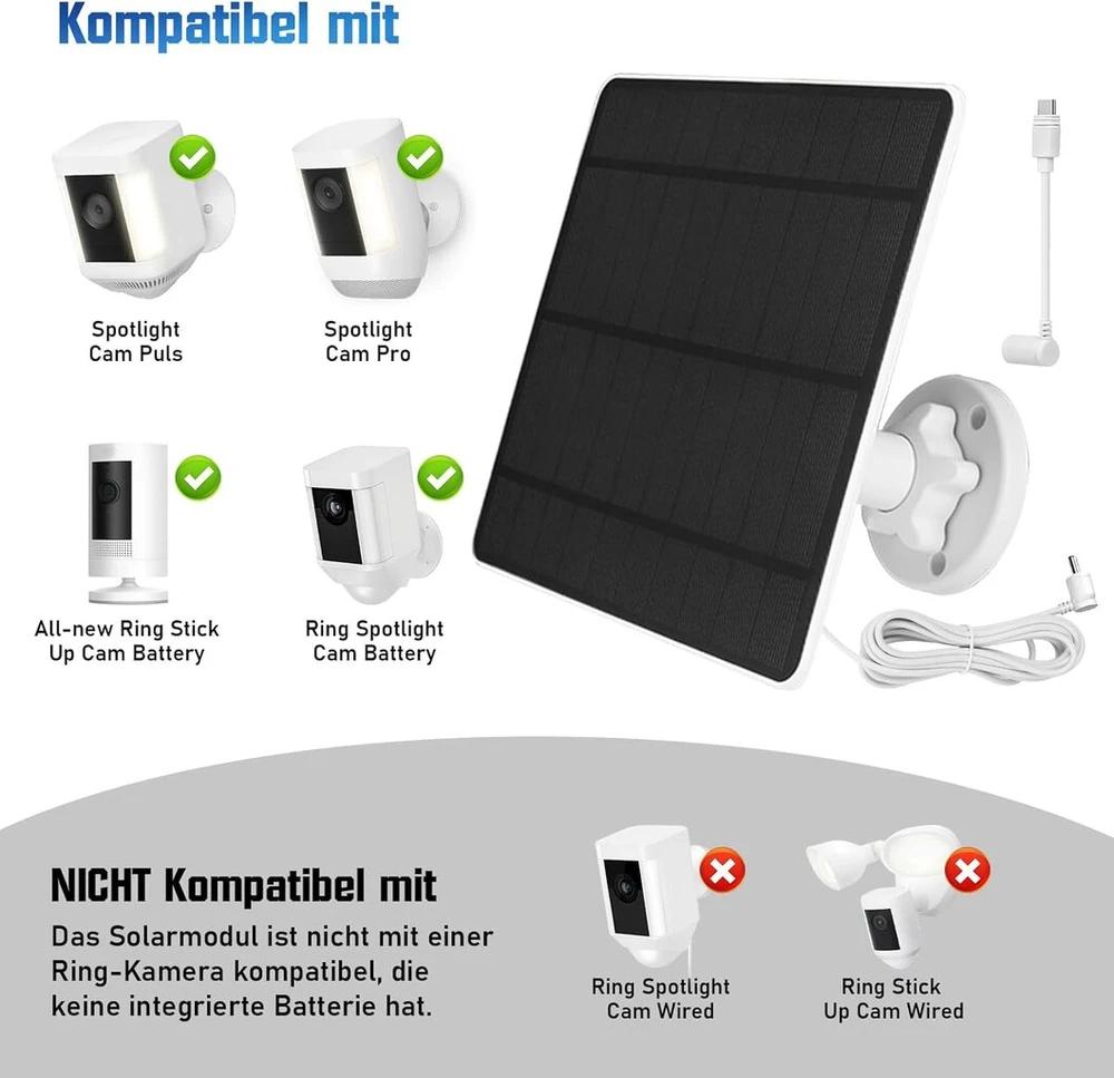 Saulės baterija, skirta ring kamerai, 5 w kameros saulės baterija, suderinama su ring stick up cam battery ir spotlight cam battery, su cilindriniu kištuku, ip65 atspari vandeniui, 3 m kabelis, 360° reguliuojamas laikiklis (2