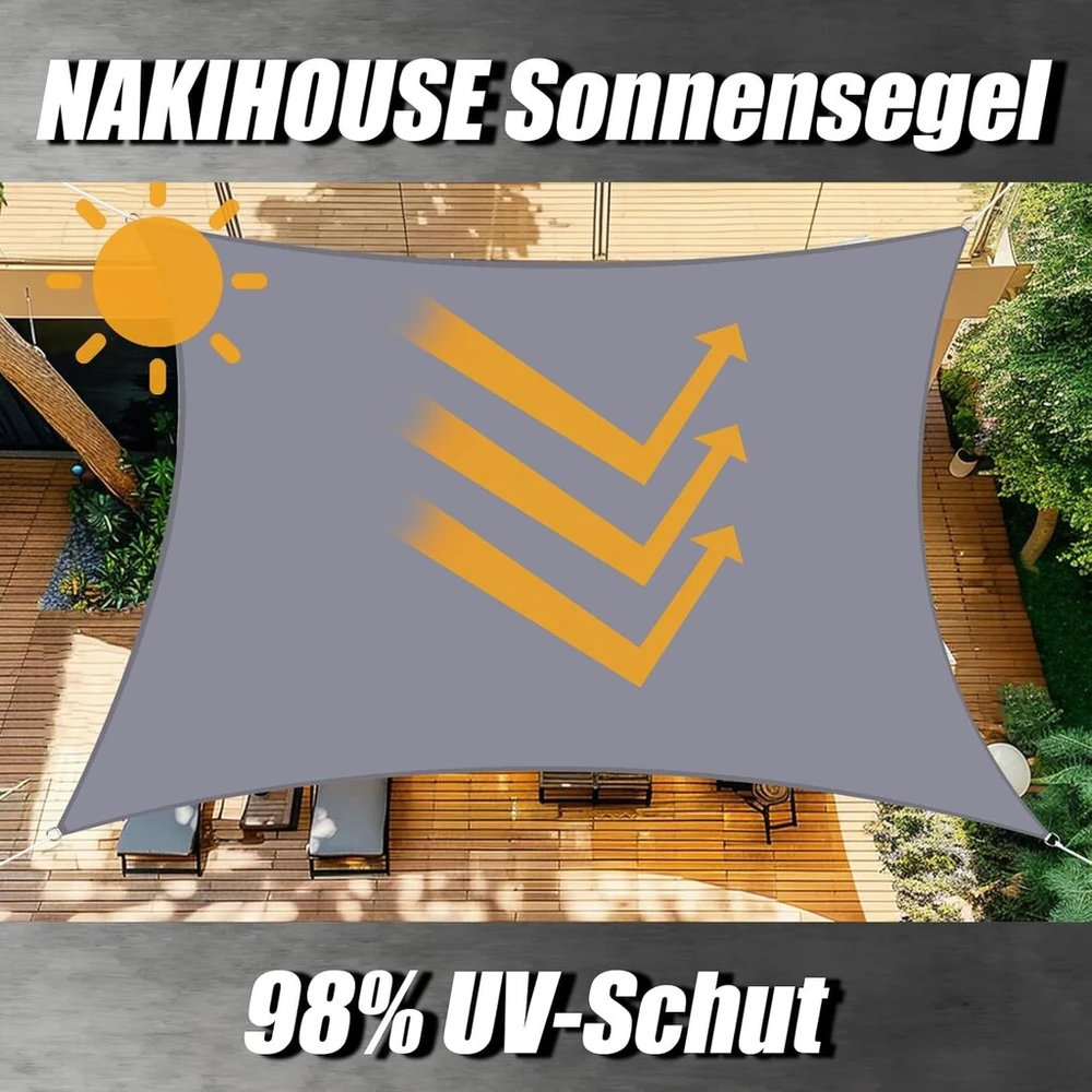 Saulės burė, neperšlampama, 2 x 4 m, stačiakampė, premium Pes poliesterio apsauga nuo saulės, apsauga nuo vėjo, 98% Uv apsauga, tentas balkonui, terasai, sodui, stovyklavimui, lauke, šviesiai pilka