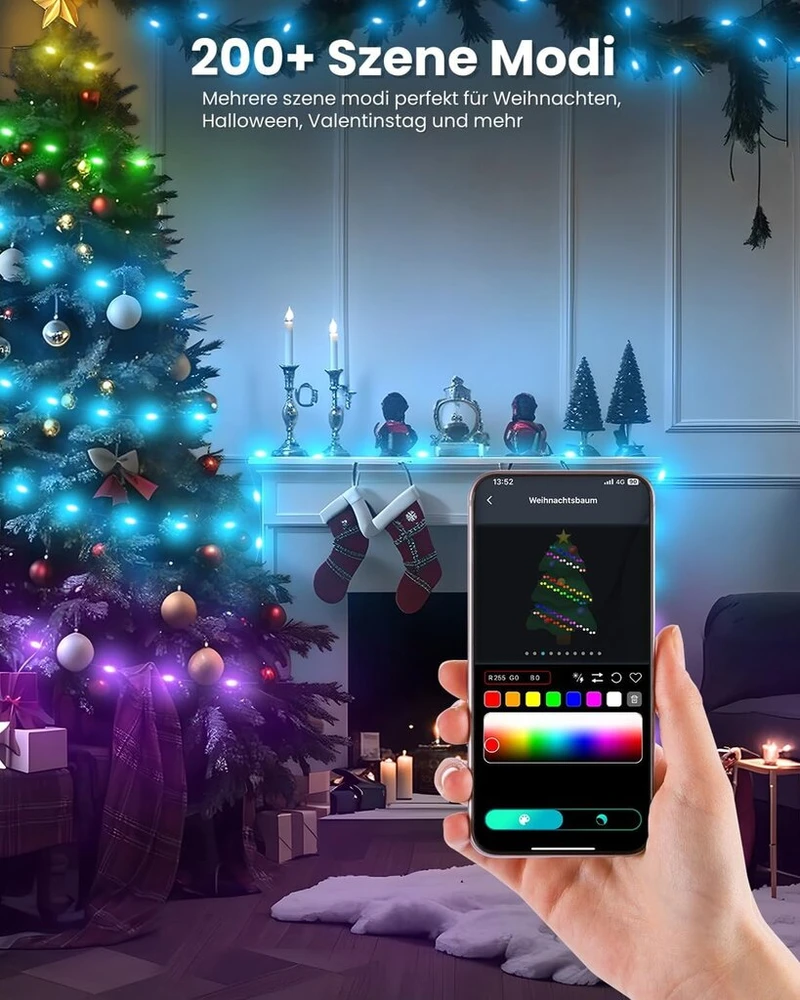 Saulės energija įkraunamos lauko dekoratyvinės lemputės 10 m, Led dekoratyvinės lemputės laukui Rgb 100 Led dekoratyvinės lemputės valdomos programėle 200+ scenų režimų vandeniui atsparios Ip65 dekoratyvinės lemputės balkonui sodui kalėdoms Helovinui vaka