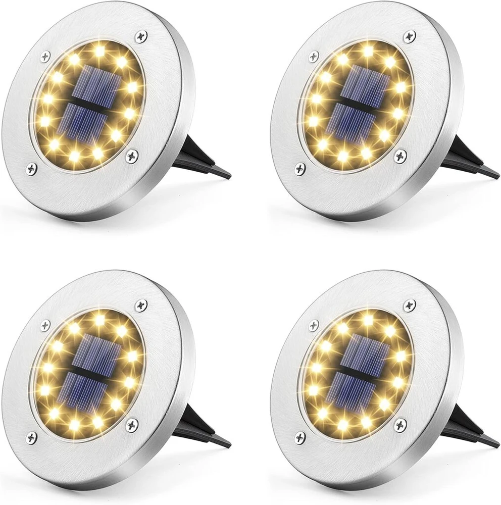 Saulės grindų šviestuvas, saulės šviestuvas sodui, 12 led, 4 vnt., šilta balta, sodo šviestuvai, nerūdijantis plienas, atsparus vandeniui laukui, sodui, terasai, vejai, kiemui, takui