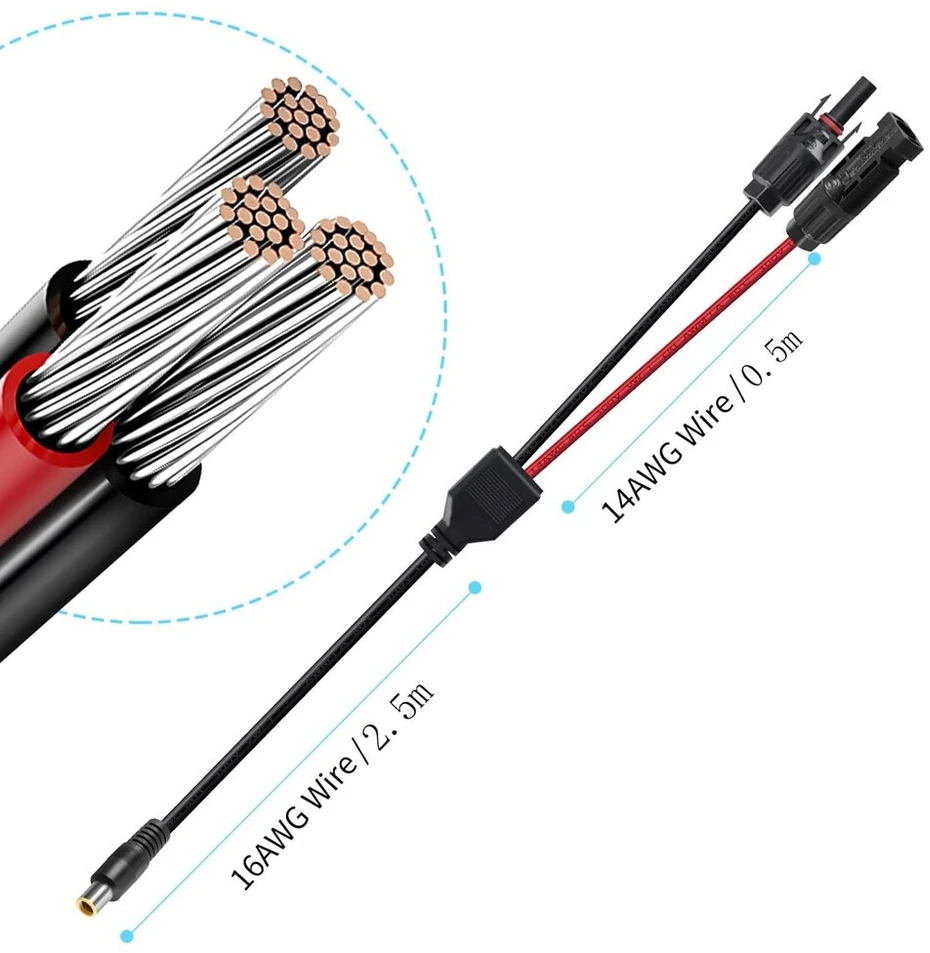 Saulės kištukas į Dc 8 mm, Dc7909 į saulės kabelį, saulės panelės kabelis, Dc adapteris, 16awg įkrovimo kabelis, atsparus vandeniui, suderinamas su Jackery Explorer 500 240 1000 Bluetti Eb70 Eb3a nešiojama energija