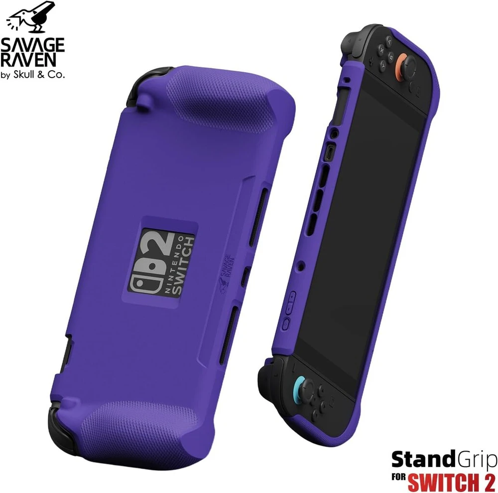 Savage Raven by Skull & Co. Standgrip, skirtas Nintendo Switch 2: minkštas apsauginis dėklas su tekstūruotomis rankenomis, pilna apsauga ir stovas, smūgius sugeriantis, neslystantis ir įbrėžimams atsparus dangtelis, juodas