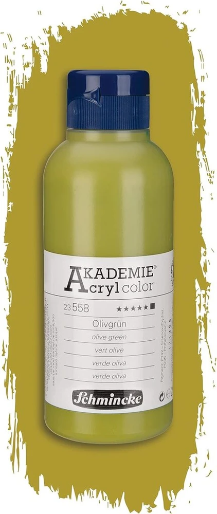 Schmincke - Akademie akriliniai dažai, alyvuogių žalia, 250 ml, 23558027, smulkūs meniniai akriliniai dažai, ryškūs, labai atsparūs šviesai ir be kadmio, skirti akriliniam tapybai, mišri technika