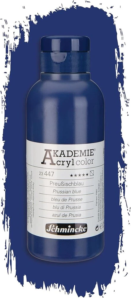 Schmincke - Akademie akriliniai dažai, prūsų mėlyna 250 ml, 23447027, aukštos kokybės akriliniai dažai, ryškūs, labai atsparūs šviesai ir be kadmio, skirti akriliniam tapybai, mišriai technikai